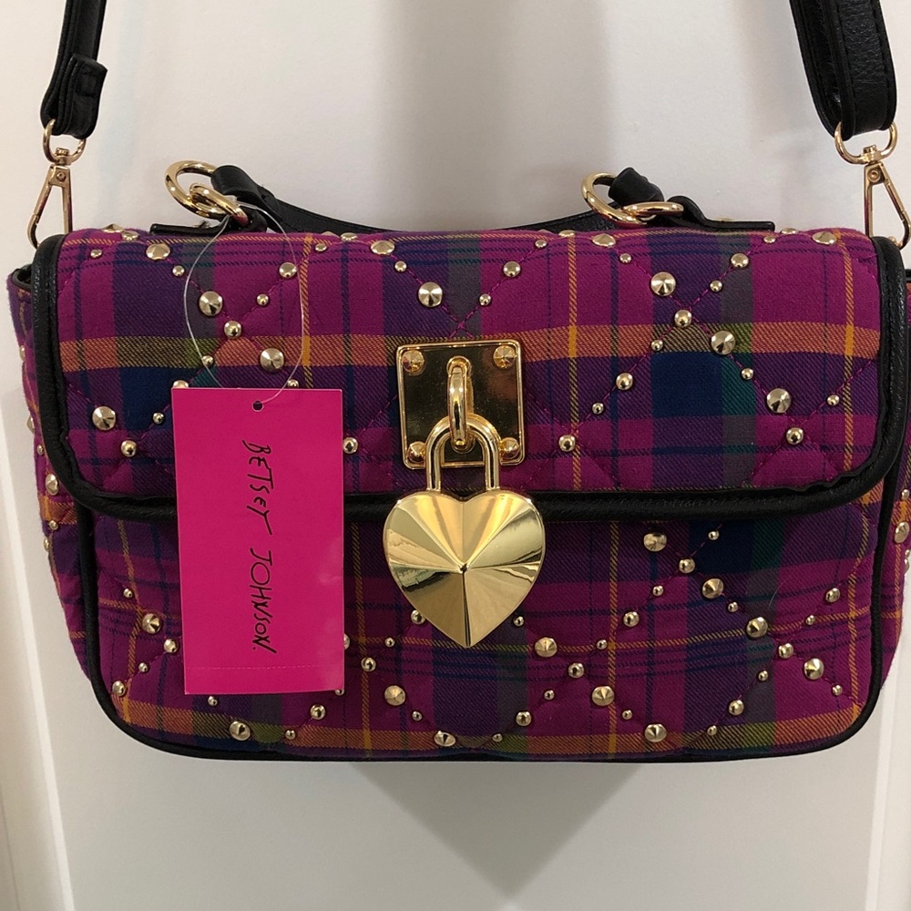Vintage Y2K Betsey Johnson Pretty & Punk Purple Plaid Gold Studded Flap Purse